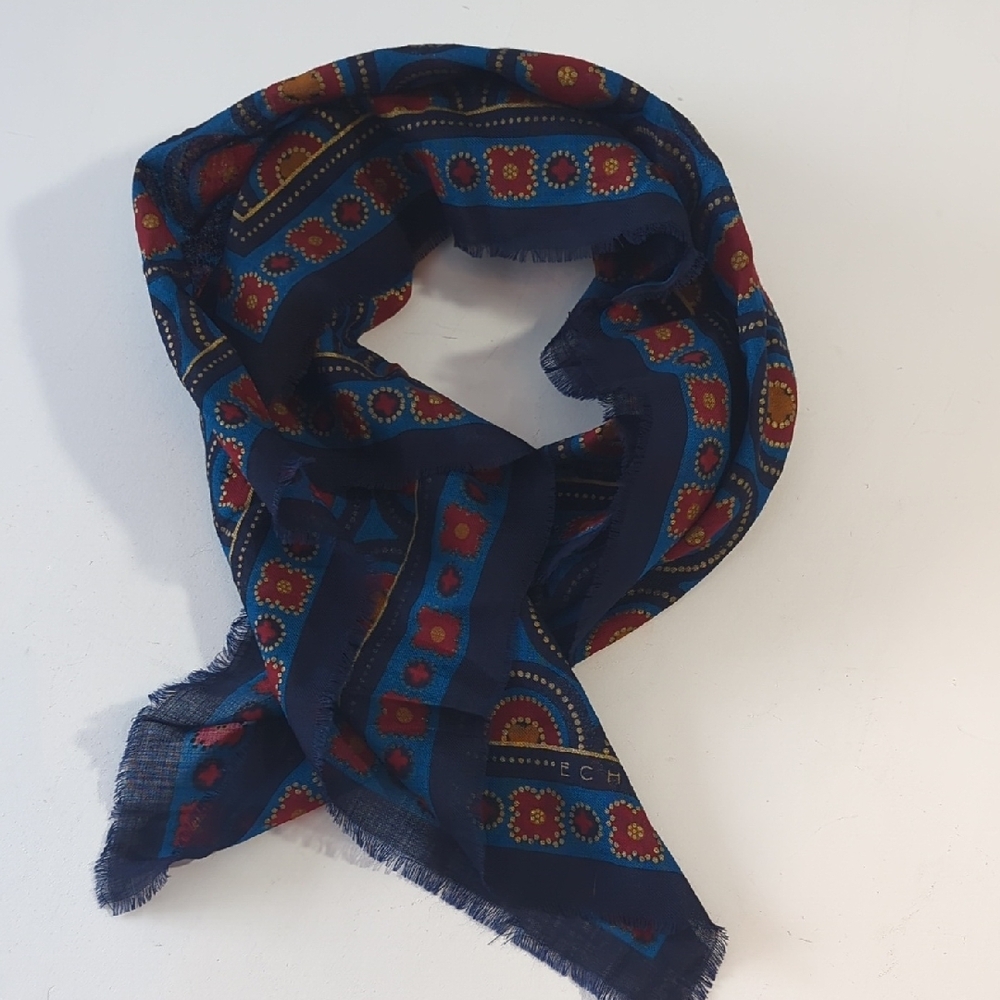 Vintage Echo Wool Scarf Reversible Blue Navy Red Gold Boho Print 34' x 34'